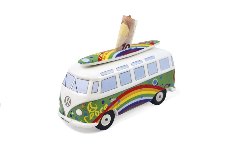 BRISA VW Collection - Volkswagen Savings Bank Piggy Bank Money Coin Box with Surfboard in T1 Bus Samba Design (Love Bus/Green) - Image 1